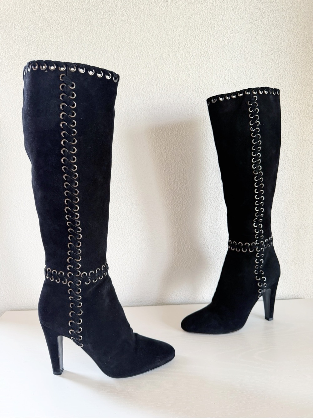 Prada Black Suede Whipstitch Eyelet Knee High Heeled Boots EU 39
